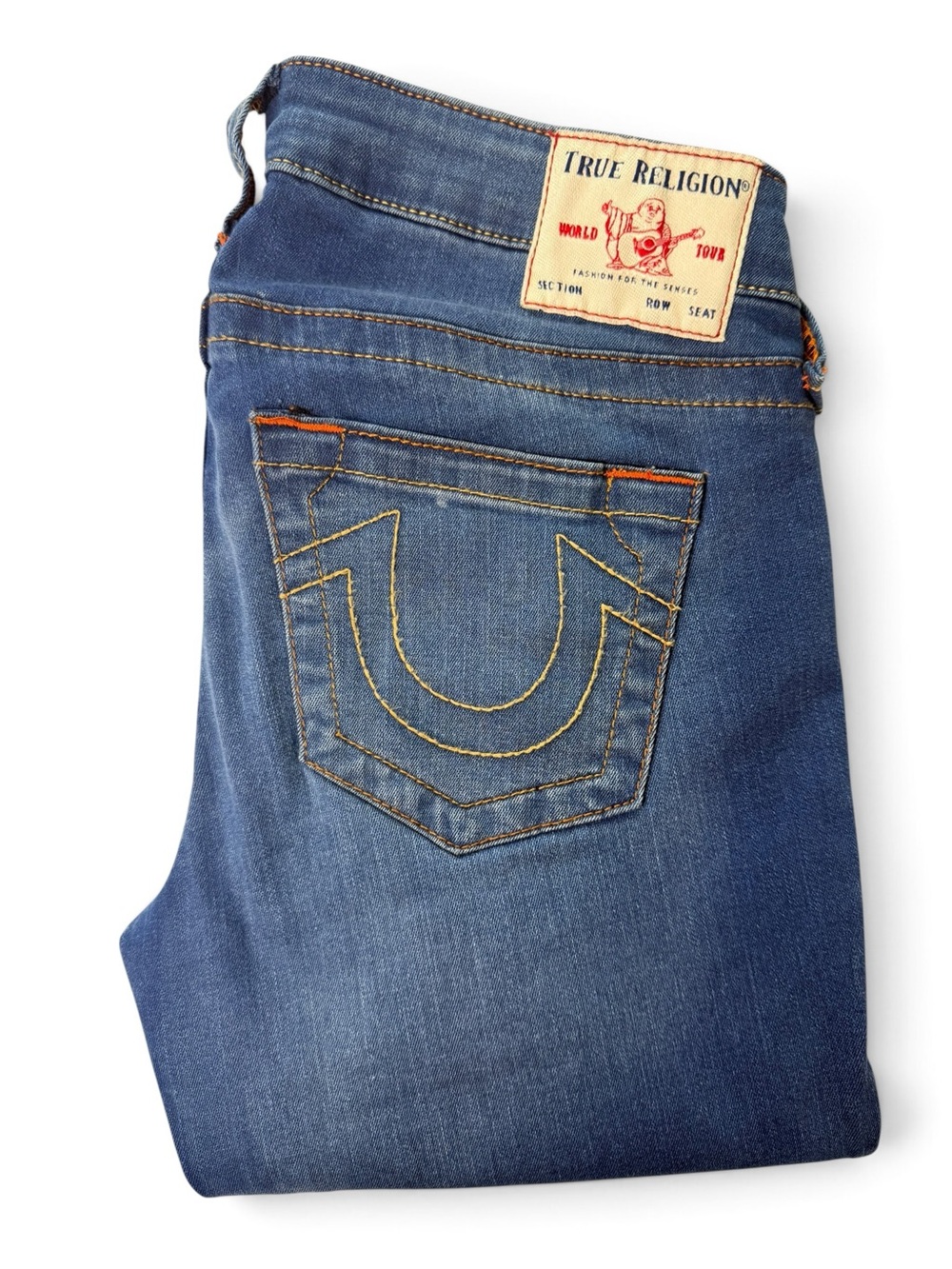 True Religion Stella Women’s 28 Low Rise Skinny Jeans Blue Orange Stitch